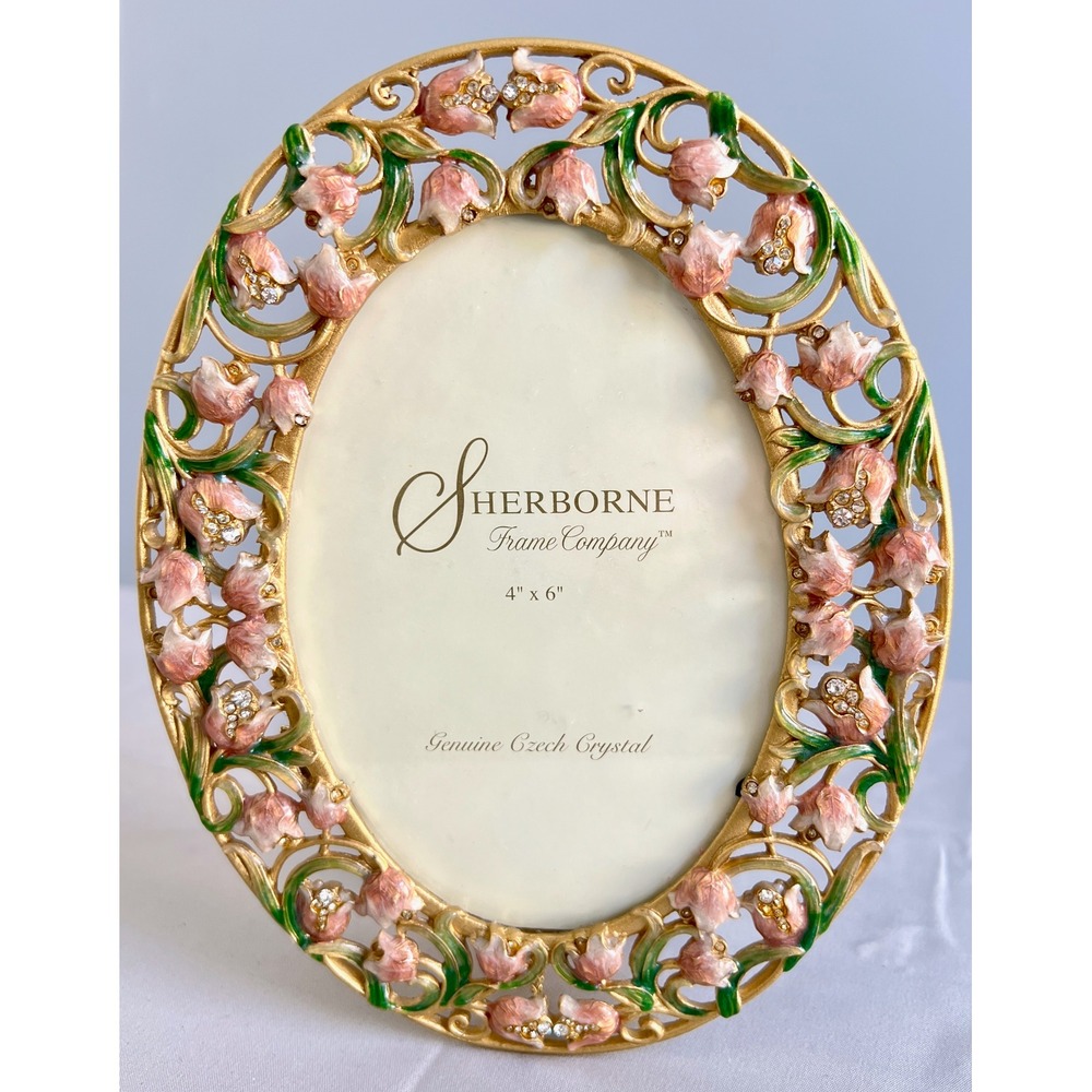 Reversible Sherborne Frame 4"x6" Oval Gold Floral Enamel Czech Crystal Picture